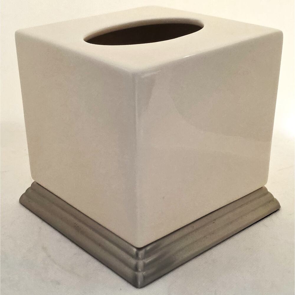 Tissue Box Cover-Springs-"Palace Classics"-Cream-Ceramic-Silver Tone Base